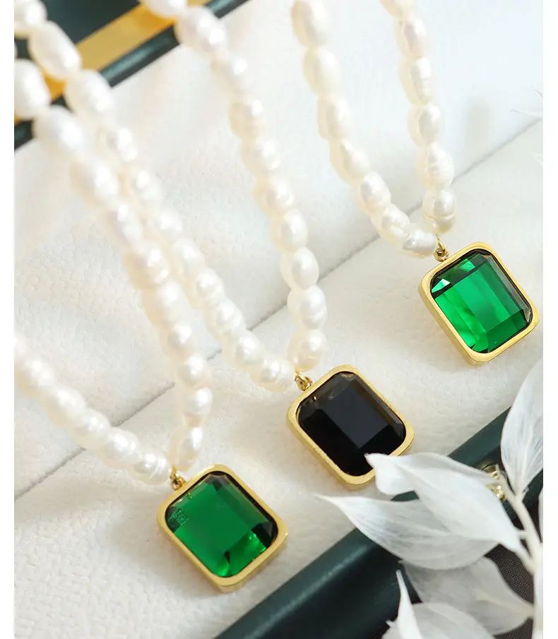 Aretas Retro Chic Jewelry Square Gemstone Crystal Pendant Stainless Steel Gold Plated 18k Fresh Water Pearl Choker Necklace